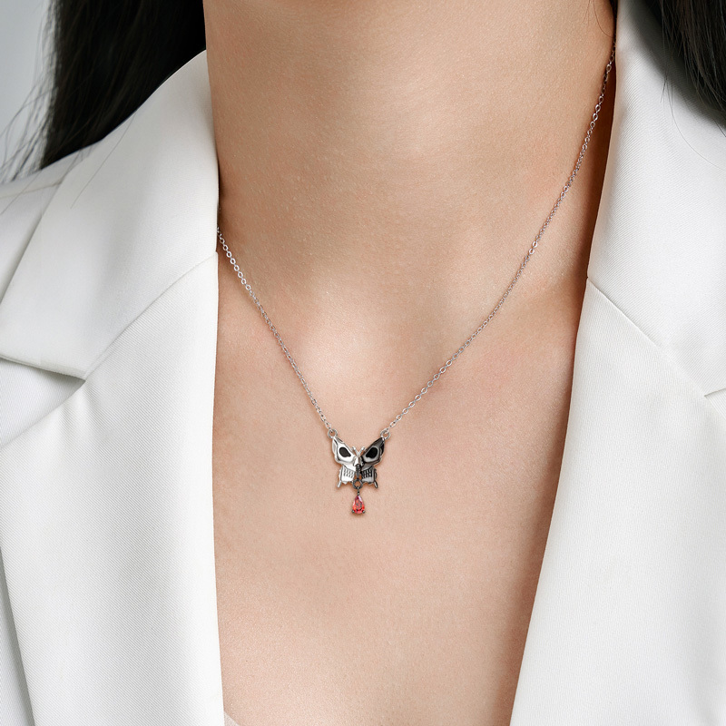 Sotiya Two Tone Butterfly Skull Necklace Sterling Silver-Sotiya