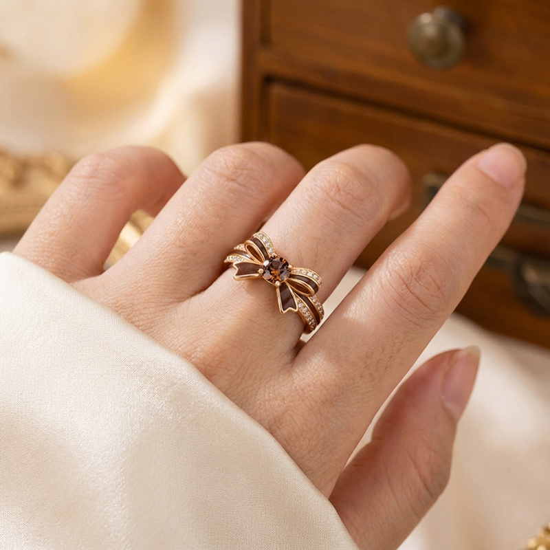 Sotiya Cushion Cut Bowknot Coffee Enamel Promise Ring Sterling Silver-Sotiya