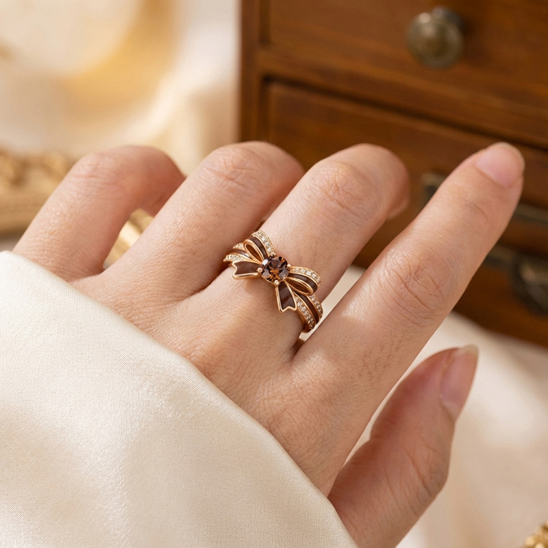 Sotiya Cushion Cut Bowknot Coffee Enamel Promise Ring Sterling Silver-Sotiya