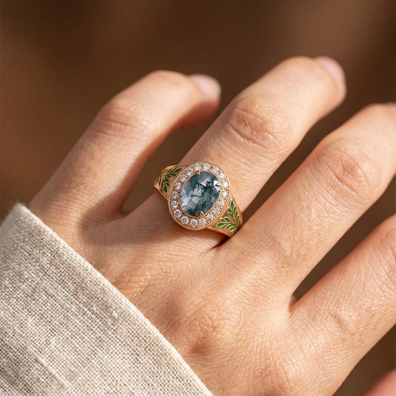 Sotiya Victorian Bay Leaf Enamel Halo Oval Cut Moss Agate Engagement Ring Sterling Silver-Sotiya