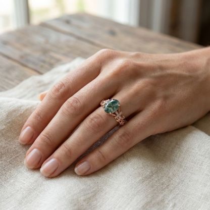 Sotiya Rose Design Faith Cross Oval Cut Green Moss Agate Engagement Ring Sterling Silver-Sotiya