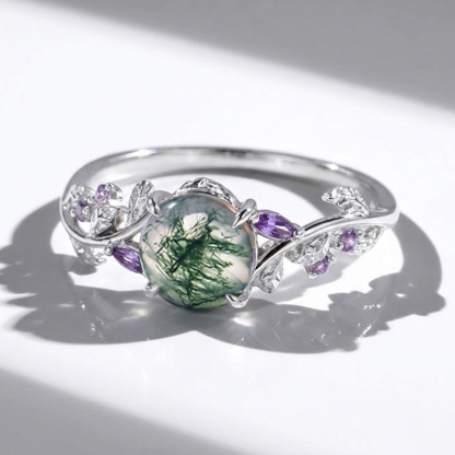 Sotiya Nature Inspired Leaf Round Cut Moss Agate Engagement Ring Sterling Silver-Sotiya