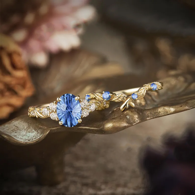 Sotiya Leaf Cluster Aquamarine Blue Oval Fantasy Starbrite Cut Wedding Bridal Ring Set Sterling Silver-Sotiya