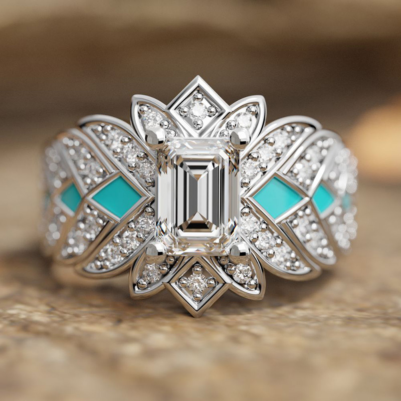 Sotiya Emerald Cut Starlight Enamel Engagement Ring Sterling Silver-Sotiya