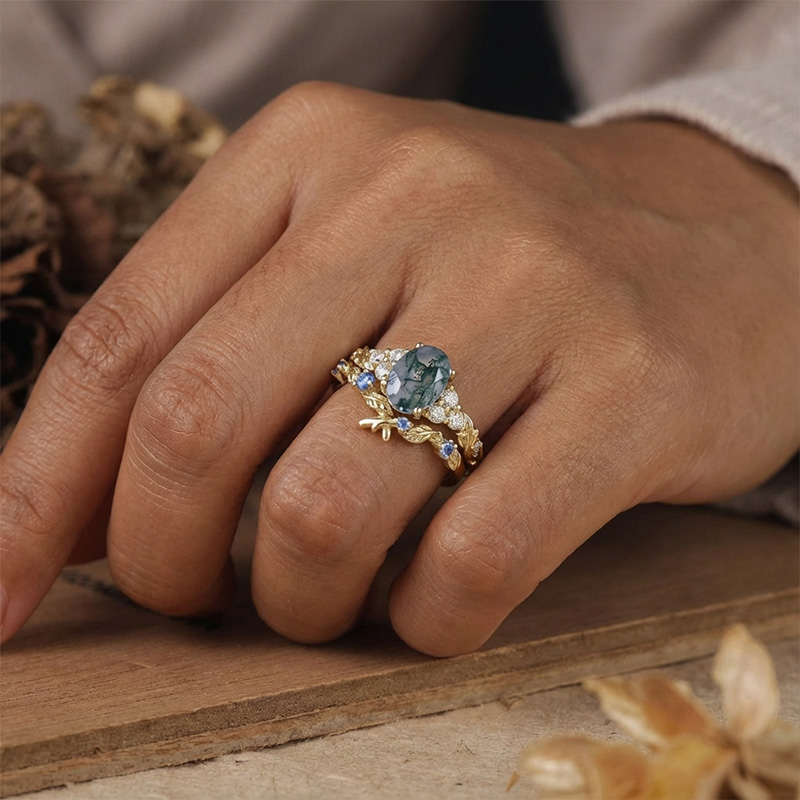 Sotiya Leaf Cluster Moss Agate Oval Cut Wedding Bridal Ring Set Sterling Silver-Sotiya