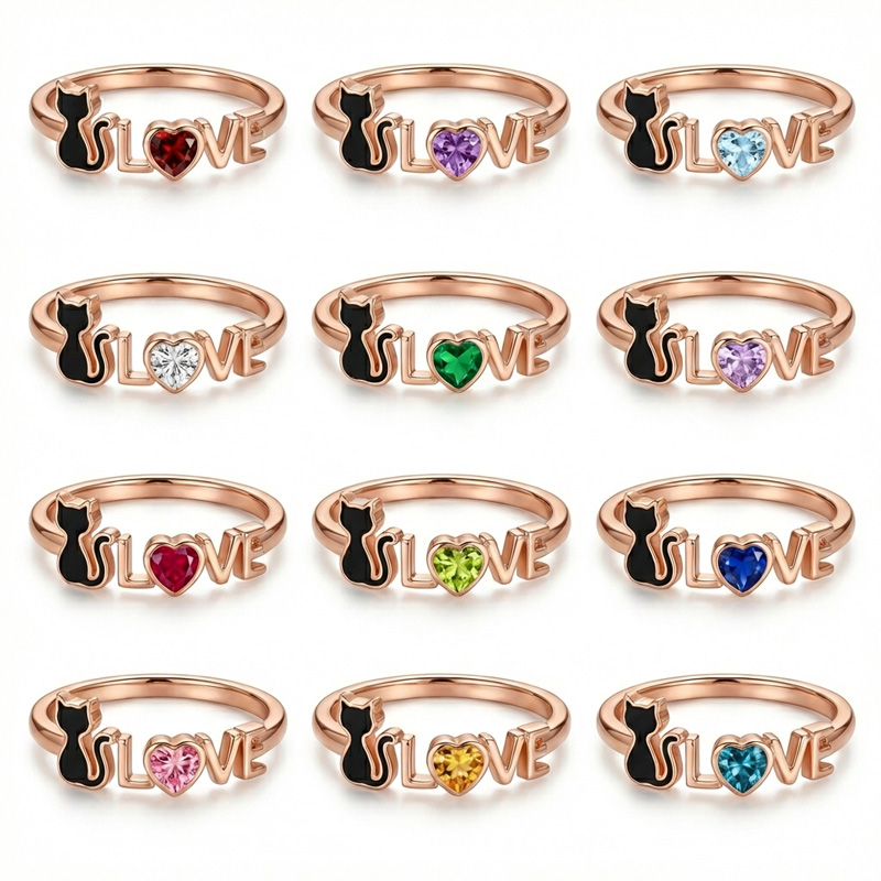 Sotiya 12 Birthstones Love Black Cat Heart Cut Ring Sterling Silver-Sotiya