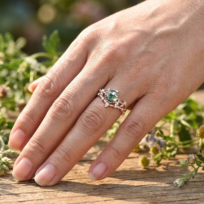 Sotiya Nature Inspired Leaf Moss Agate Round Cut Engagement Ring Sterling Silver-Sotiya