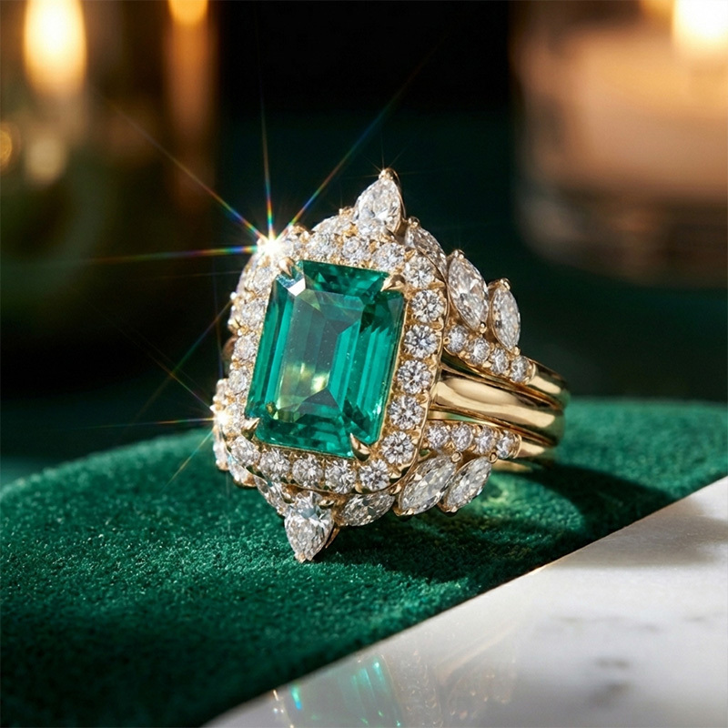 Sotiya 3PC Halo Emerald Cut Wedding Bridal Ring Set Sterling Silver-Sotiya