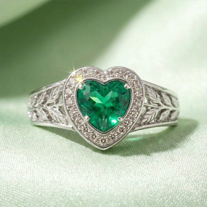 Sotiya Halo Heart Cut Vintage Leaf Emerald Green Engagement Ring Sterling Silver