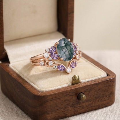 Sotiya Sidestones Cluster Moss Agate Oval Cut Wedding Bridal Ring Set Sterling Silver-Sotiya