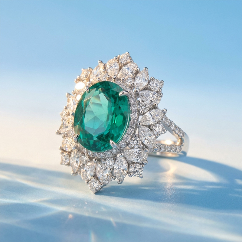Sotiya Unique Halo Lab Grown Paraiba Oval Cut Cocktail Ring Sterling Silver