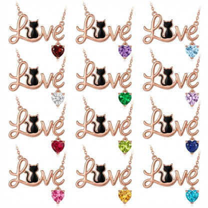 Sotiya 12 Birthstones Love Black Cat Heart Cut Necklace Sterling Silver-Sotiya