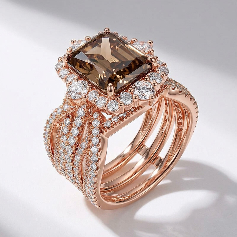 Sotiya Twist Coffee Radiant Cut Enhancer Wedding Bridal Ring Set Sterling Silver