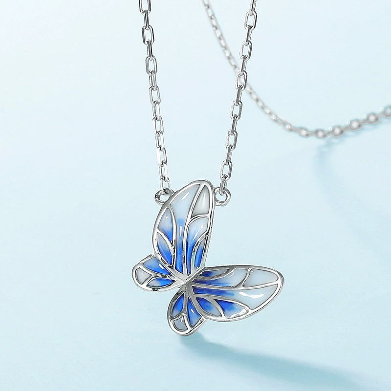 Sotiya Blue Enamel Butterfly Necklace Sterling Silver-Sotiya