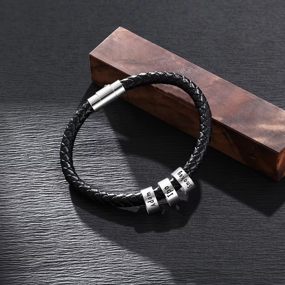Sotiya Men's Braided Leather Bracelet with Custom Beaded in Tungsten-Sotiya