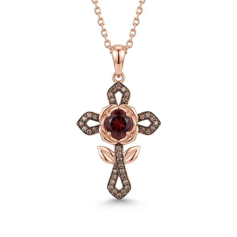 Sotiya Rose Design Faith Cross Coffee Round Cut Necklace Sterling Silver-Sotiya