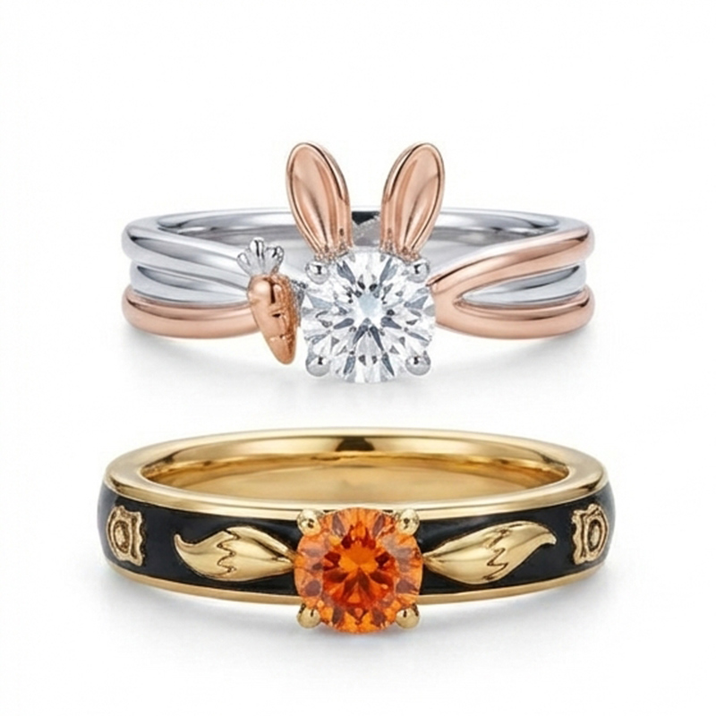 Animal City Bunny and Fox Inspired Round Cut Couple Rings-Sotiya