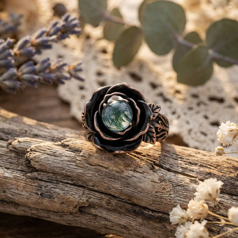 Sotiya Gothic Flower Black Enamel Round Cut Moss Agate Cocktail Ring Sterling Silver-Sotiya