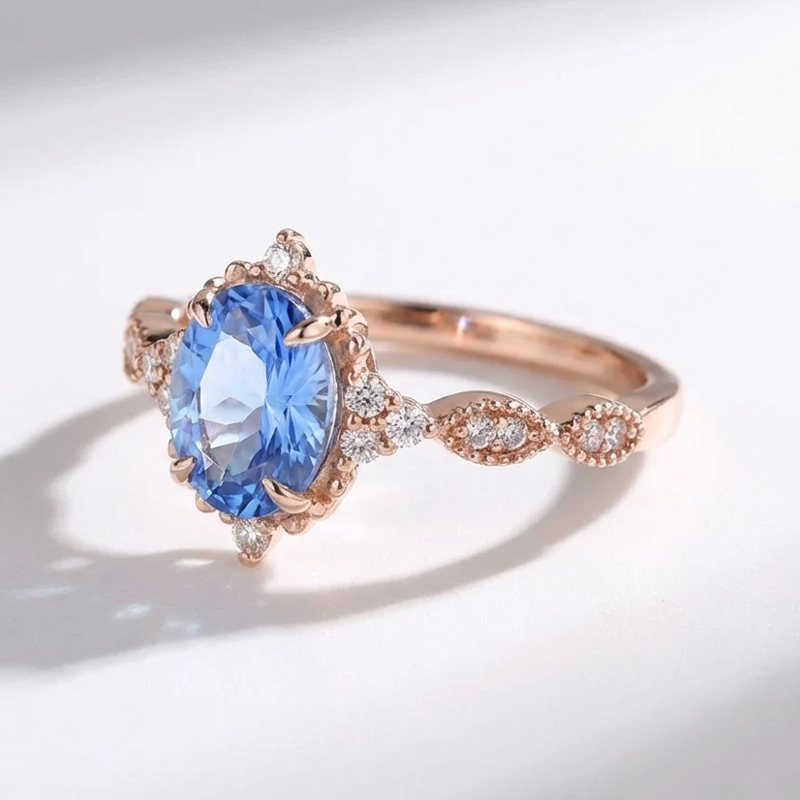 Sotiya Vintage Aquamarine Blue Oval Fantasy Starbrite Cut Engagement Ring Sterling Silver-Sotiya