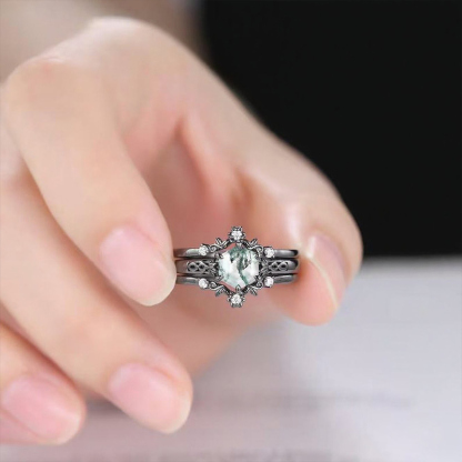 Sotiya Vintage Art Deco Hexagon Cut Green Moss Agate Enhancer Wedding Bridal Ring Set Sterling Silver-Sotiya