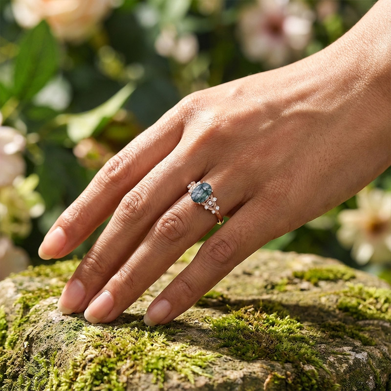 Sotiya Floral Sidestones Moss Agate Oval Cut Engagement Ring Sterling Silver-Sotiya