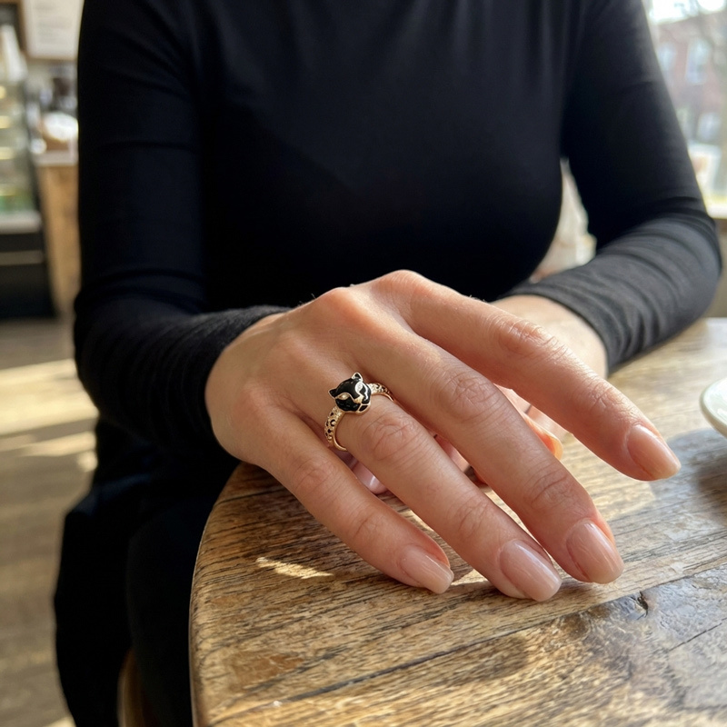 Sotiya Leopard Head Design Leopard Print Black Enamel Ring Sterling Silver-Sotiya