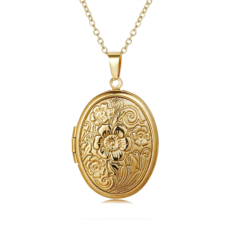 Sotiya Vintage Floral Print Oval Personalized Photo Locket Necklace Stainless Steel-Sotiya