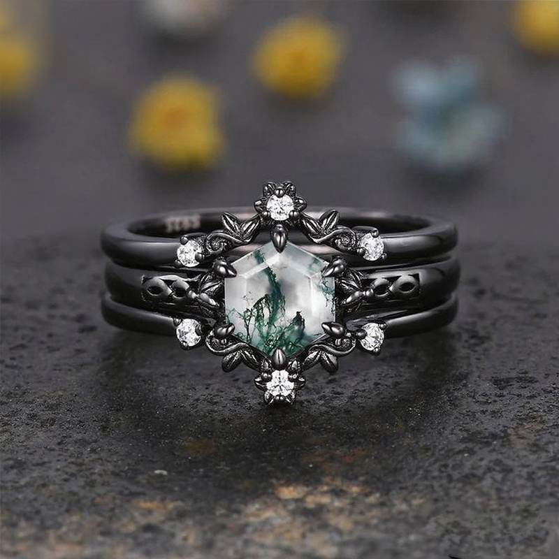 Sotiya Vintage Art Deco Hexagon Cut Green Moss Agate Enhancer Wedding Bridal Ring Set Sterling Silver-Sotiya