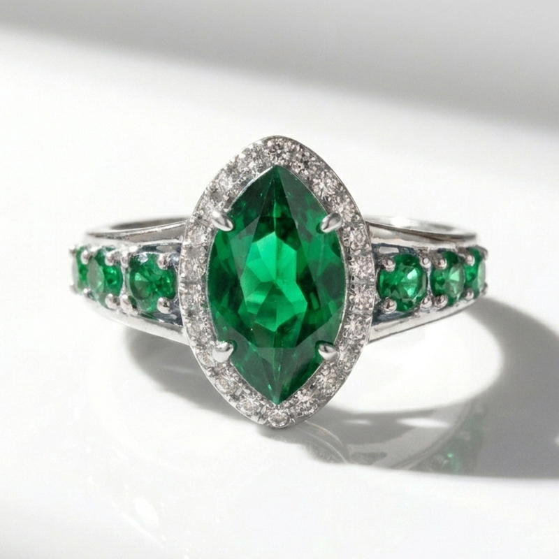 Sotiya Halo Marquise Cut Emerald Green Engagement Ring Sterling Silver