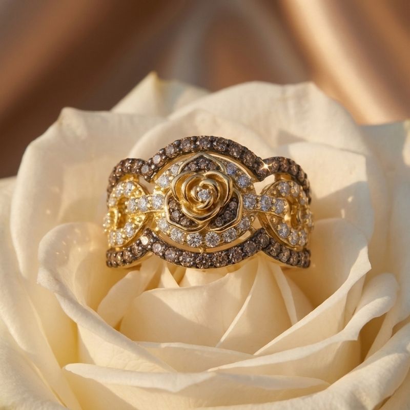 Sotiya Wide Rose Design Coffee Women's Wedding Ring Sterling Silver-Sotiya