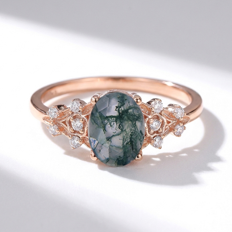 Sotiya Floral Sidestones Moss Agate Oval Cut Engagement Ring Sterling Silver-Sotiya