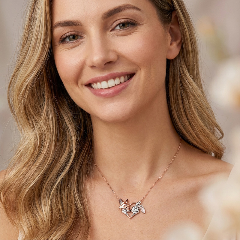 Animal City Bunny and Fox Inspired Couple Heart Necklace-Sotiya