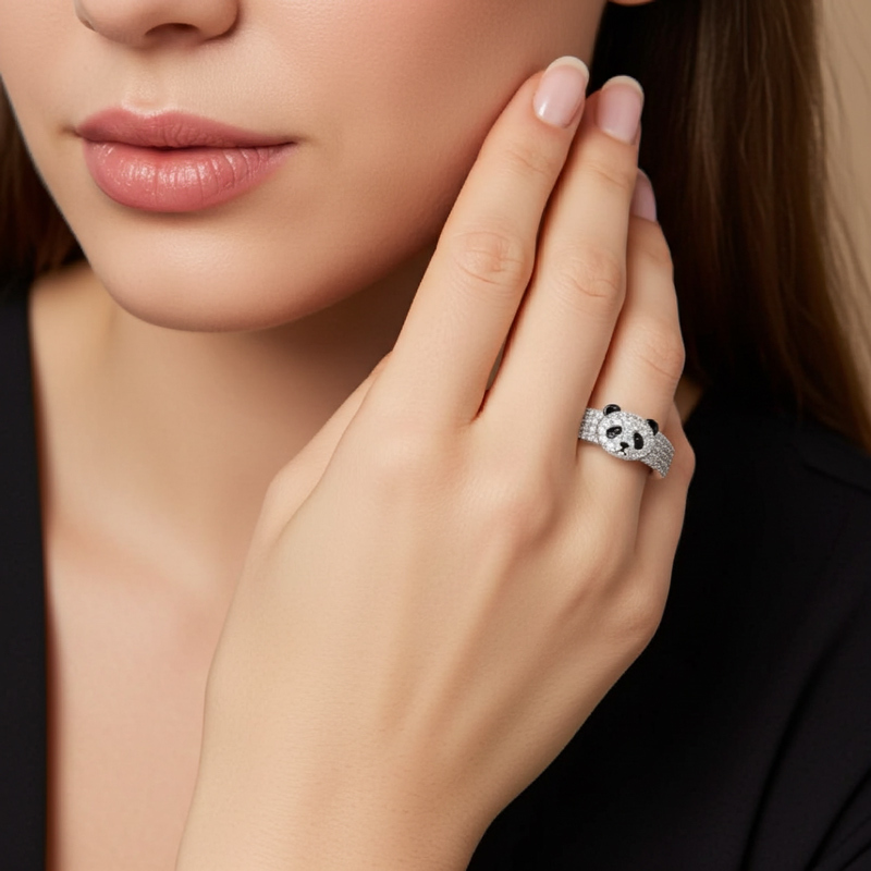 Sotiya Panda Black Enamel Cocktail Ring-Sotiya