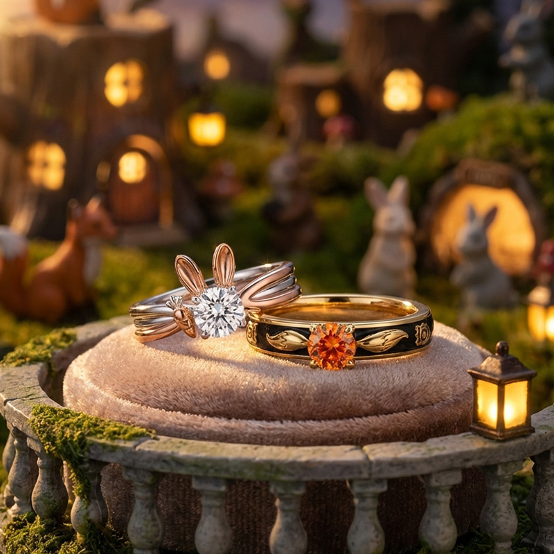Animal City Bunny and Fox Inspired Round Cut Couple Rings-Sotiya