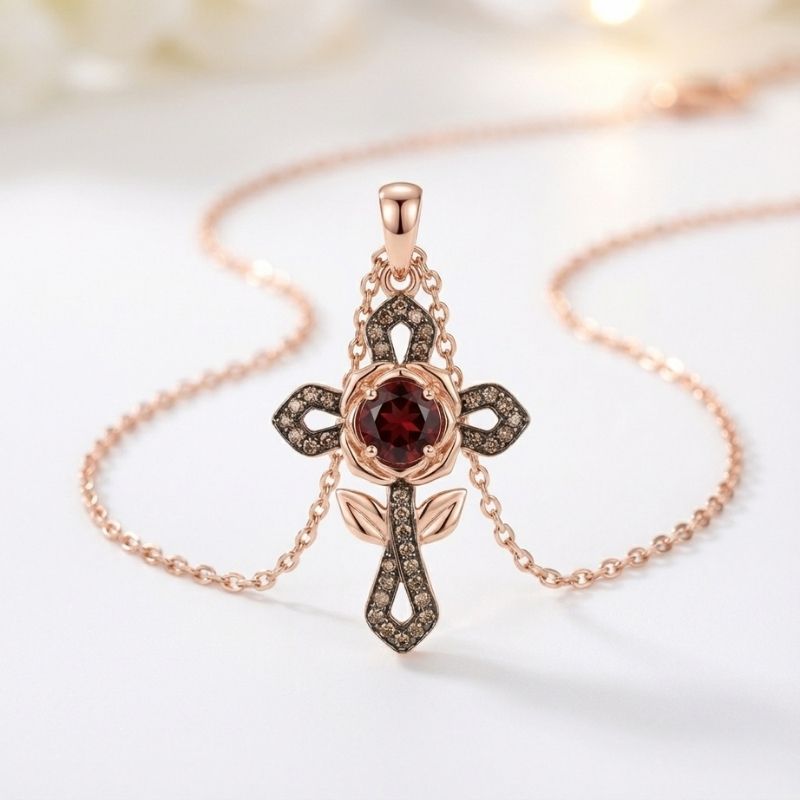 Sotiya Rose Design Faith Cross Coffee Round Cut Necklace Sterling Silver-Sotiya