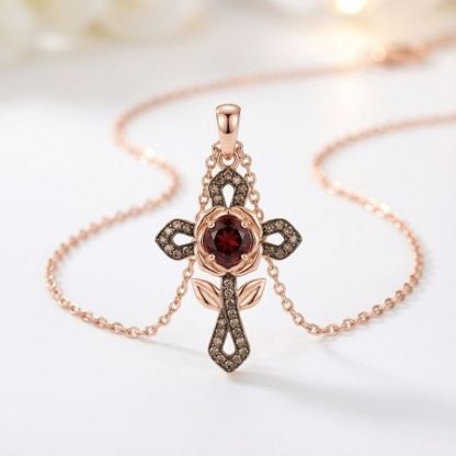Sotiya Rose Design Faith Cross Coffee Round Cut Necklace Sterling Silver-Sotiya