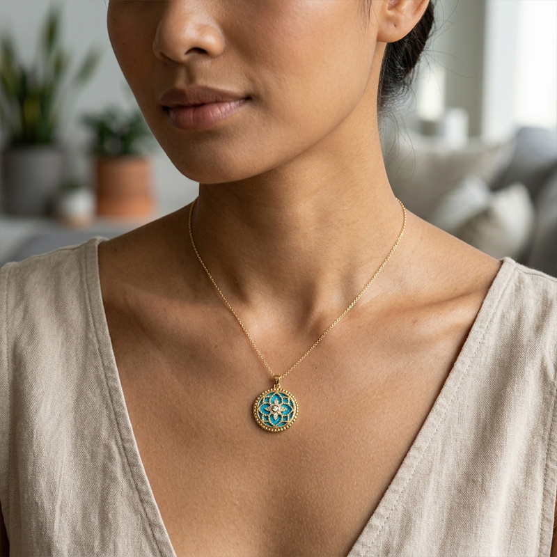 Sotiya Flower Design Turquoise/Mother-of-Pearl/Black Onyx Necklace 18K Gold Plated