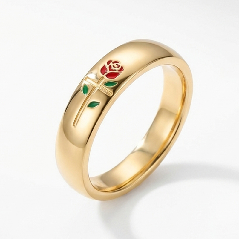 Sotiya Enchanted Red Rose Design Enamel Faith Cross Wedding Ring Band Sterling Silver-Sotiya