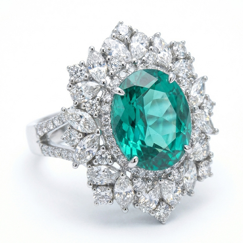 Sotiya Unique Halo Lab Grown Paraiba Oval Cut Cocktail Ring Sterling Silver