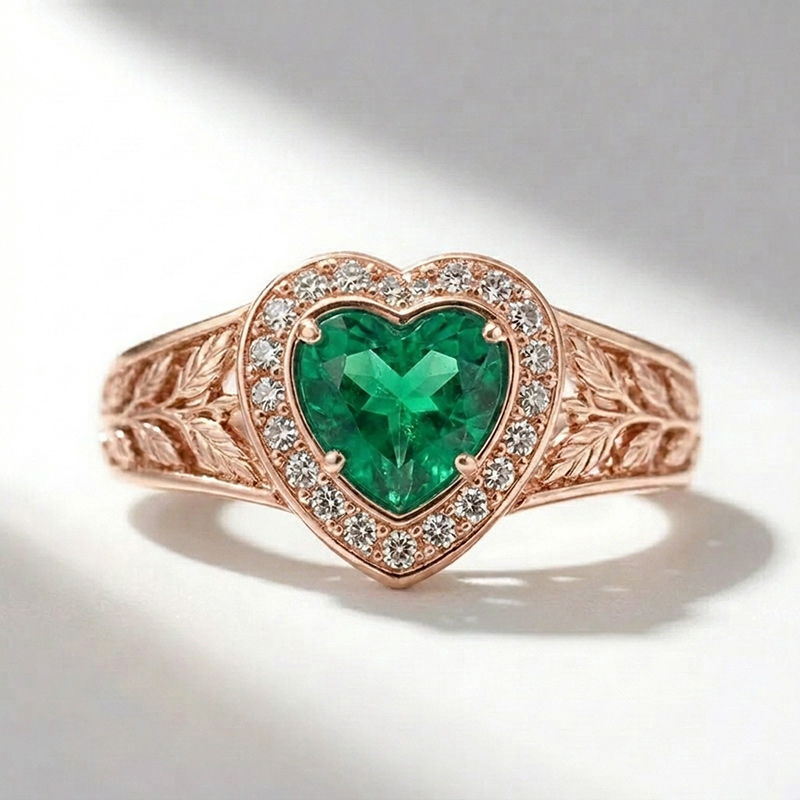 Sotiya Halo Heart Cut Vintage Leaf Emerald Green Engagement Ring Sterling Silver