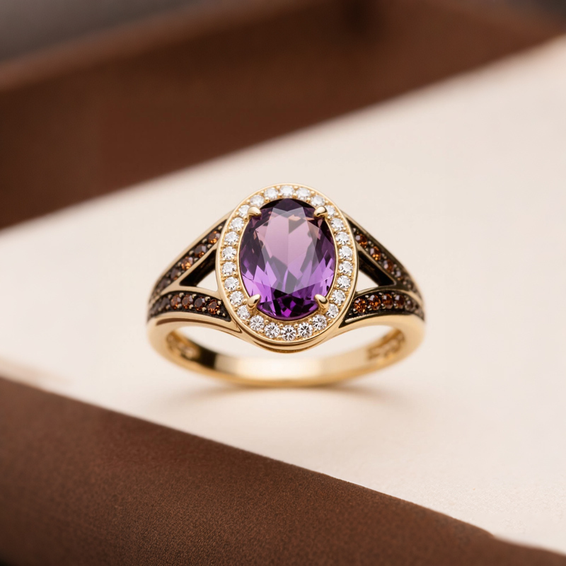 Sotiya Two Tone Halo Oval Cut Coffee Engagement Ring Sterling Silver-Sotiya