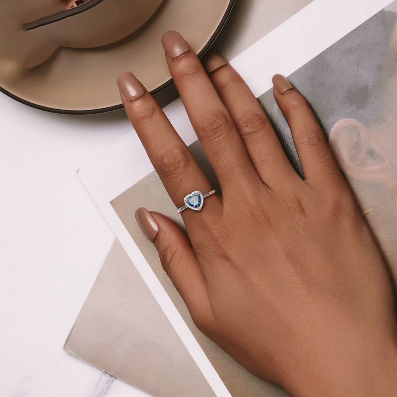Sotiya Halo Heart Cut Rainbow Stone Engagement Ring Sterling Silver-Sotiya