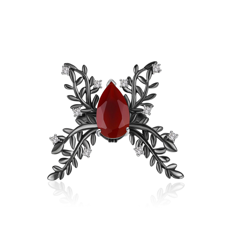 Sotiya Natural Gemstone Red Agate Leaves Butterfly Cocktail Ring Sterling Silver-Sotiya