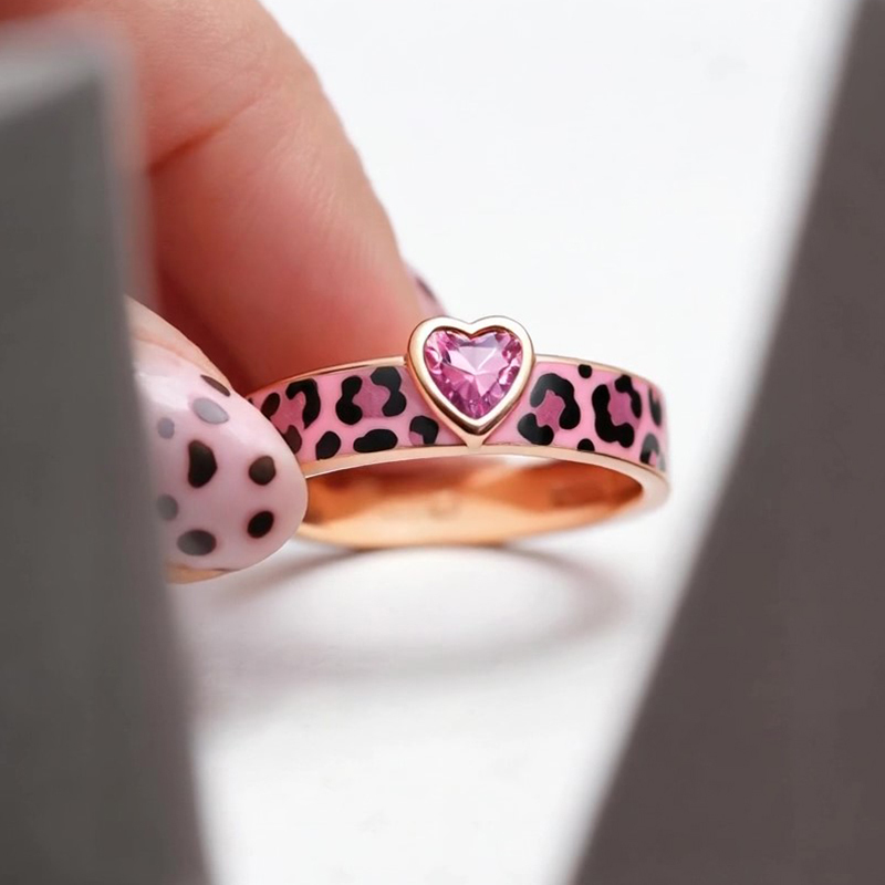 Sotiya Heart Cut Pink Leopard Print Enamel Ring Sterling Silver-Sotiya
