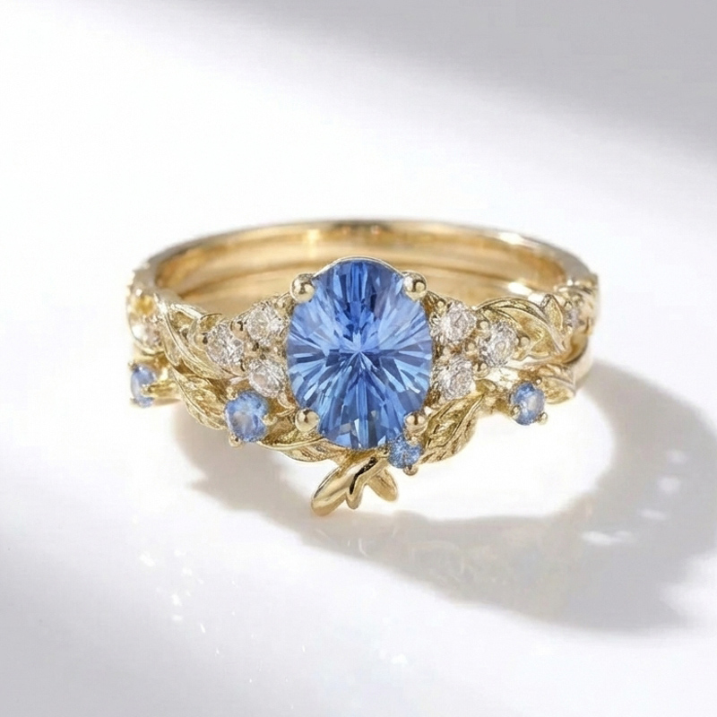 Sotiya Leaf Cluster Aquamarine Blue Oval Fantasy Starbrite Cut Wedding Bridal Ring Set Sterling Silver-Sotiya