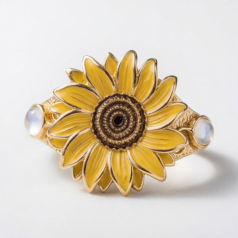 Sotiya Artist Collection Famous Painting Sunflower Moonstone Enamel Cocktail Ring Sterling Silver