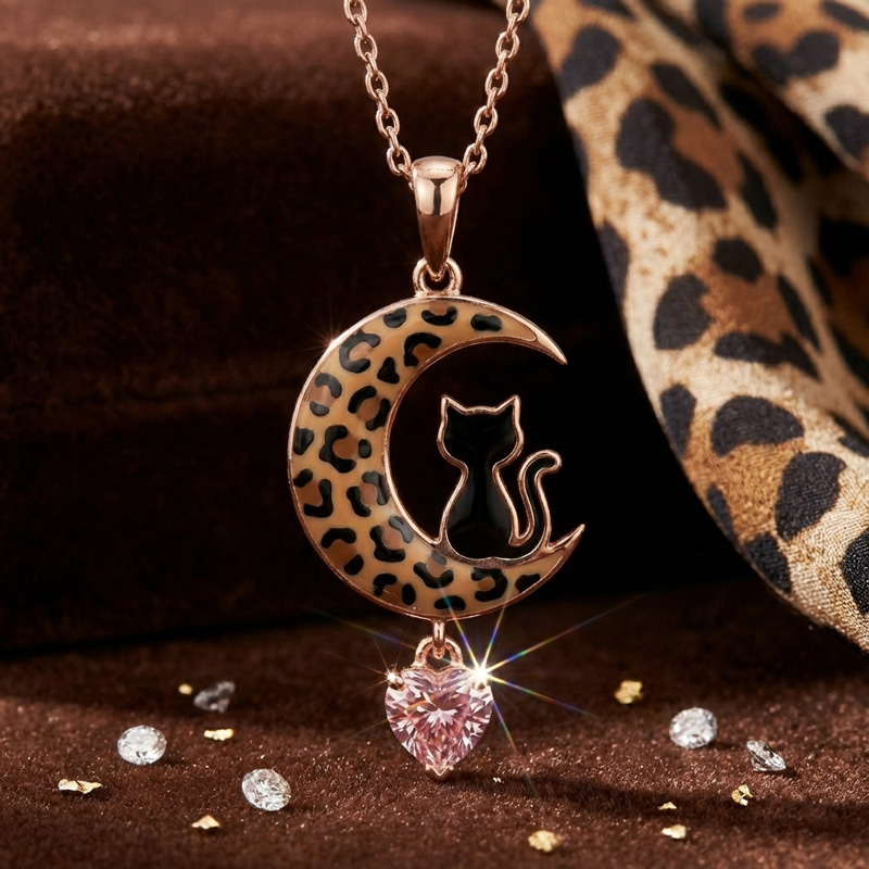 Sotiya Black Cat on Leopard Print Moon Pink Heart Pendant Necklace Sterling Silver-Sotiya