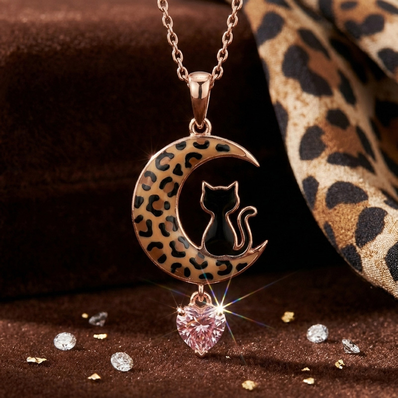 Sotiya Black Cat on Leopard Print Moon Pink Heart Pendant Necklace Sterling Silver-Sotiya