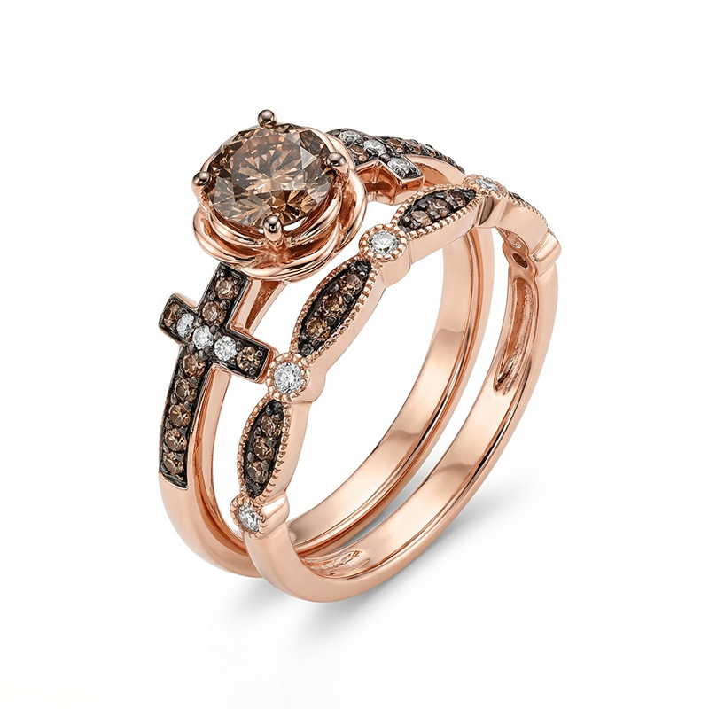 Sotiya Rose Design Faith Cross Coffee Round Cut Wedding Bridal Ring Set Sterling Silver-Sotiya