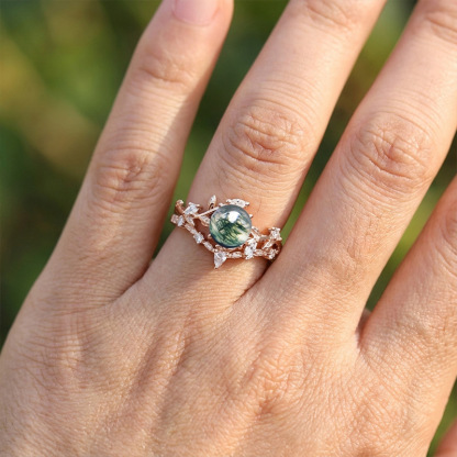 Sotiya Nature Inspired Leaf Moss Agate Round Cut Engagement Ring Sterling Silver-Sotiya